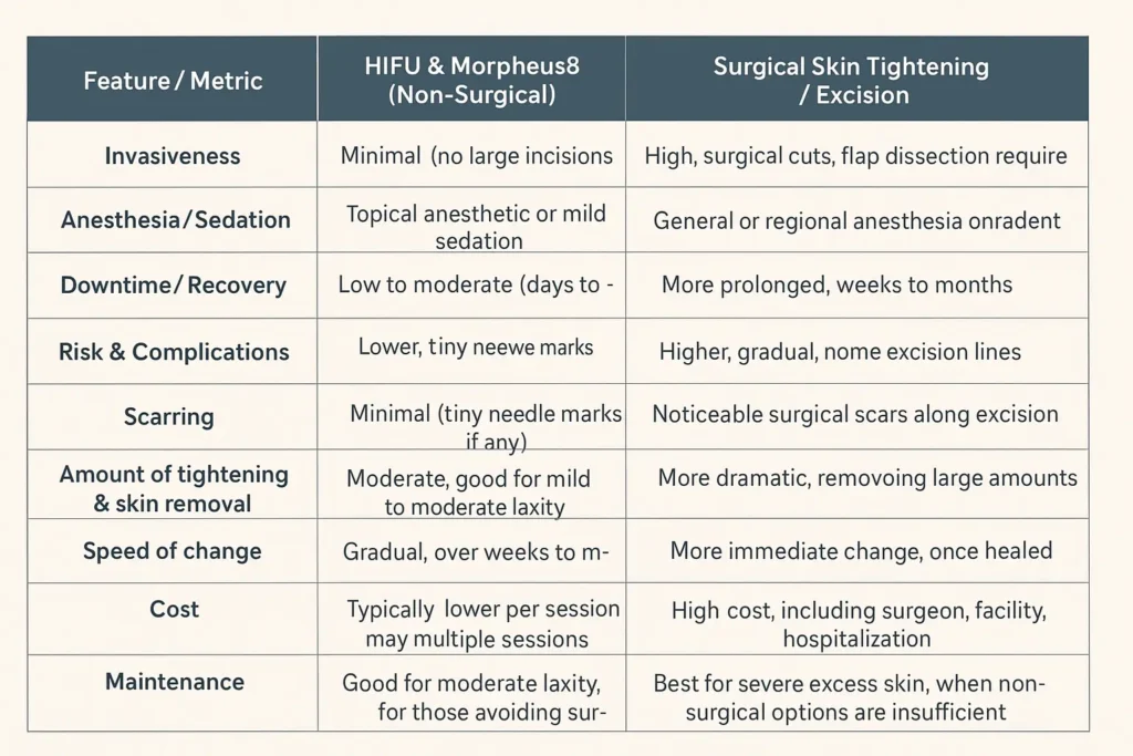 Table of skin tightening Arundel benefits compared to surgical options